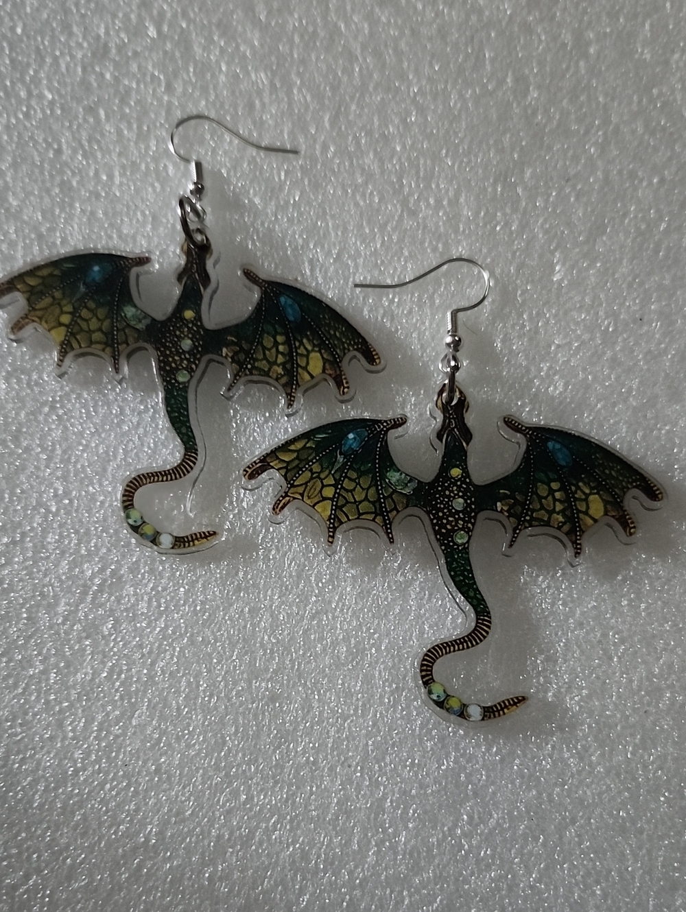 Hand Crafted Green and Yellow Dragon Wing Dangle Earrings